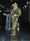 Banarasee Pure Tissue Silk Saree With Applique Cutwork Floral Embroidery Border-Green (Gold Tone)