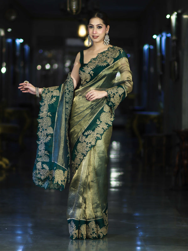 Banarasee Pure Tissue Silk Saree With Applique Cutwork Floral Embroidery Border-Green (Gold Tone)