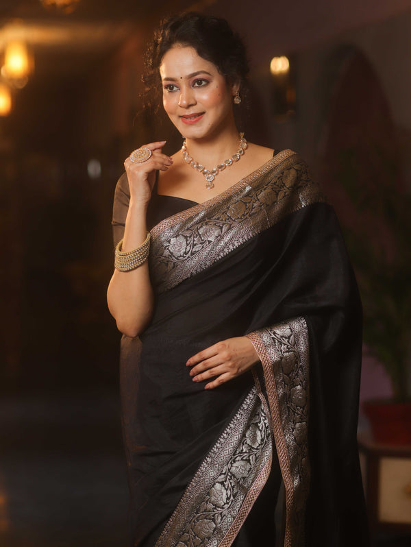 Banarasee Handwoven Semi Silk Saree With Silver Zari Border & Lace-Black
