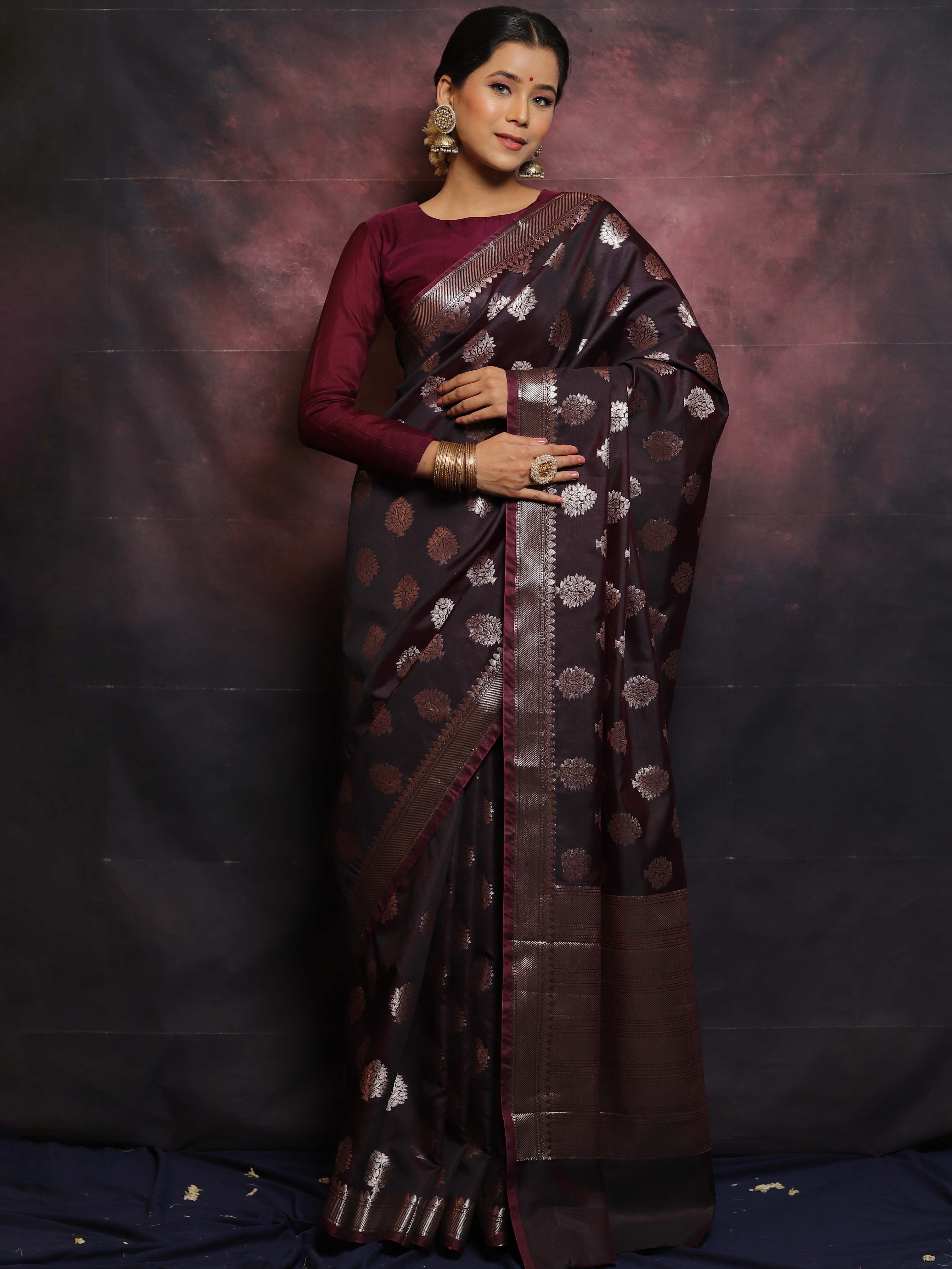Banarasee Handwoven Semi Silk Saree With Buta Design-Brown