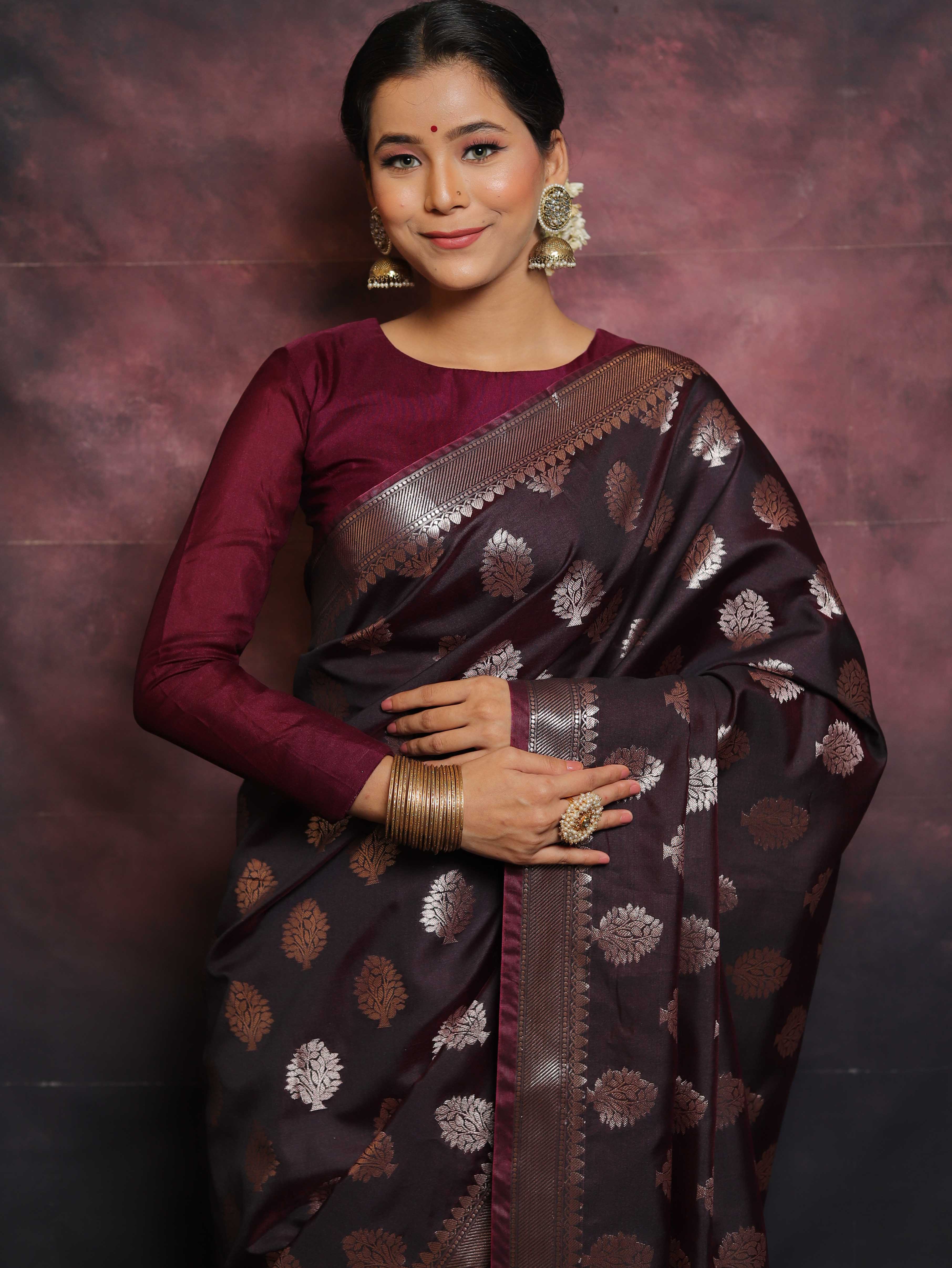 Banarasee Handwoven Semi Silk Saree With Buta Design-Brown