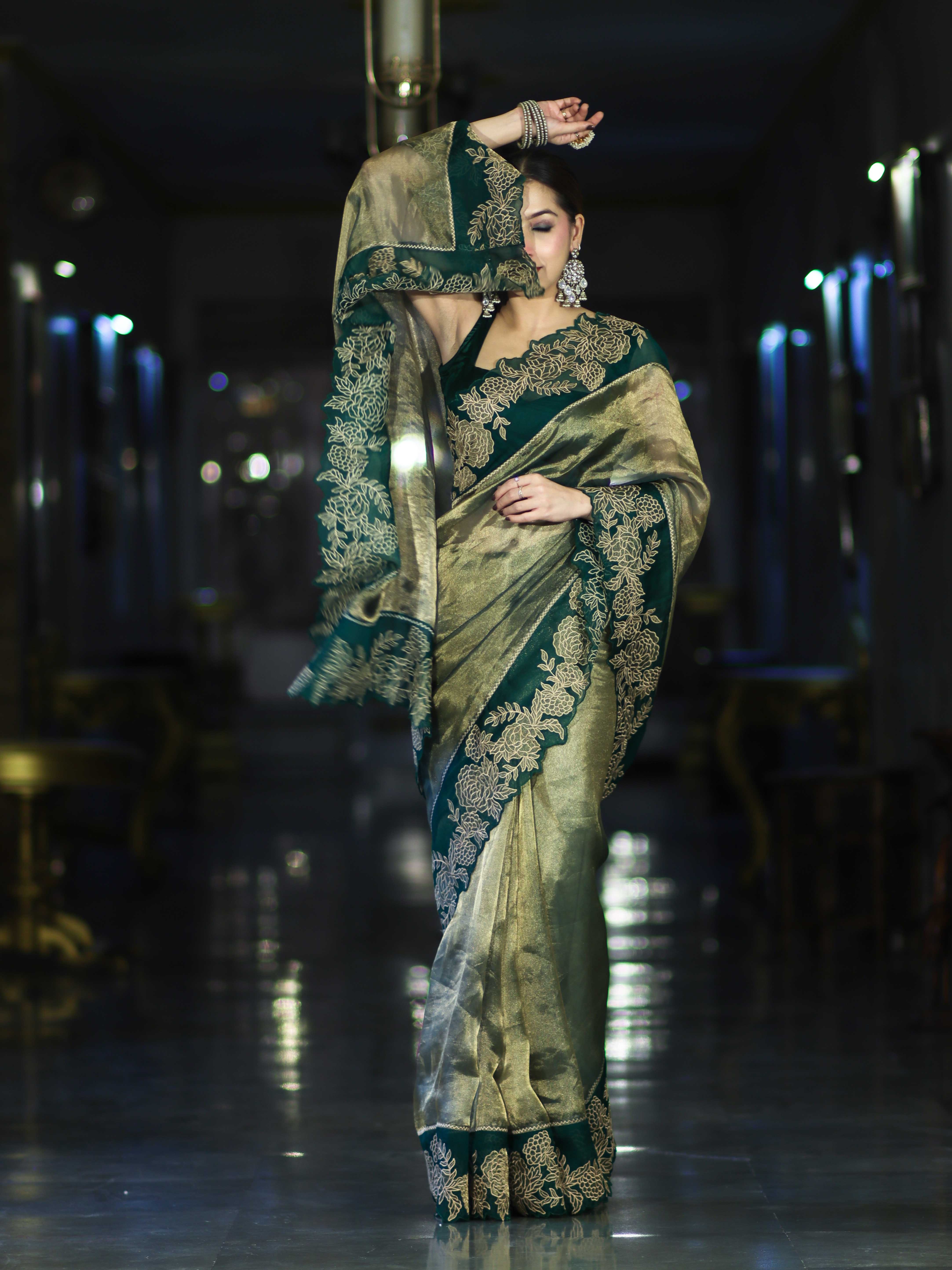 Banarasee Pure Tissue Silk Saree With Applique Cutwork Floral Embroidery Border-Green (Gold Tone)