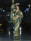 Banarasee Pure Tissue Silk Saree With Applique Cutwork Floral Embroidery Border-Green (Gold Tone)