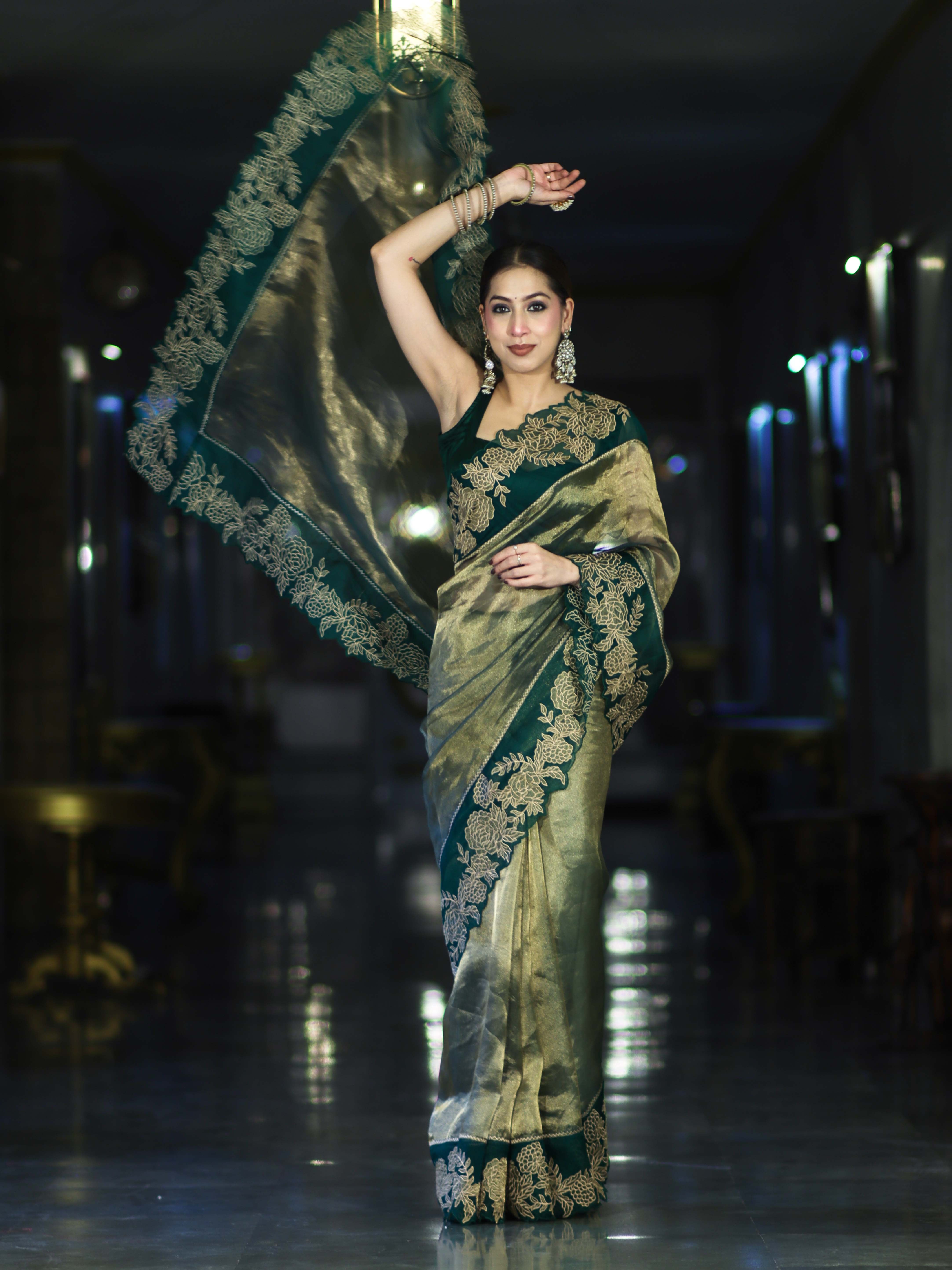 Banarasee Pure Tissue Silk Saree With Applique Cutwork Floral Embroidery Border-Green (Gold Tone)