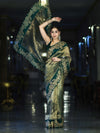 Banarasee Pure Tissue Silk Saree With Applique Cutwork Floral Embroidery Border-Green (Gold Tone)