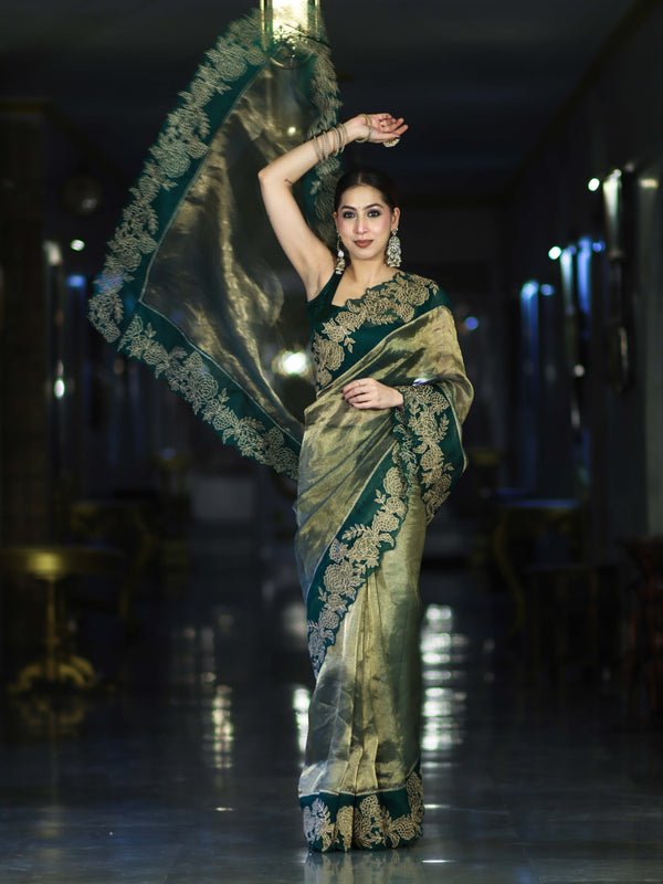 Banarasee Pure Tissue Silk Saree With Applique Cutwork Floral Embroidery Border-Green (Gold Tone)