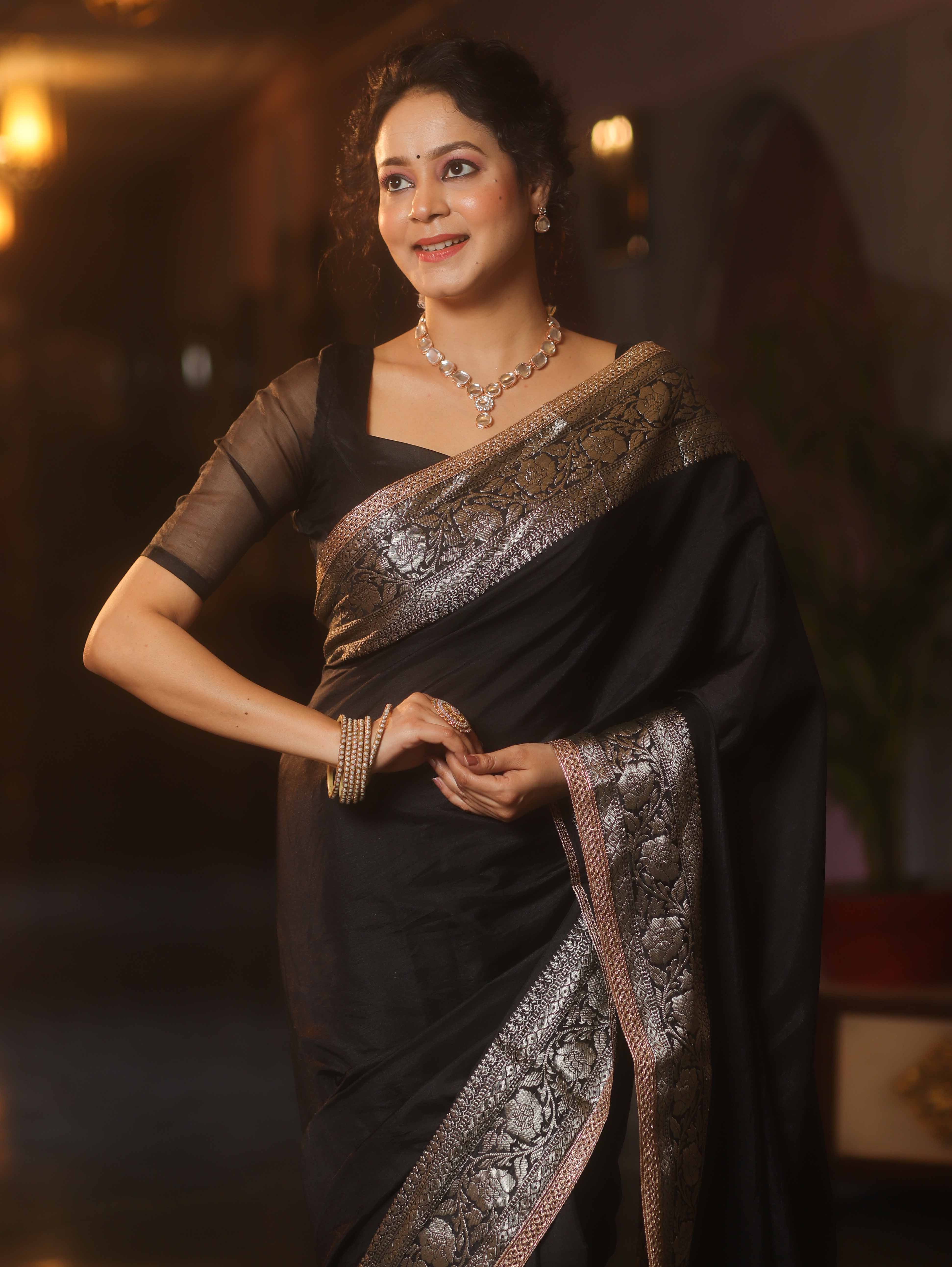 Banarasee Handwoven Semi Silk Saree With Silver Zari Border & Lace-Black
