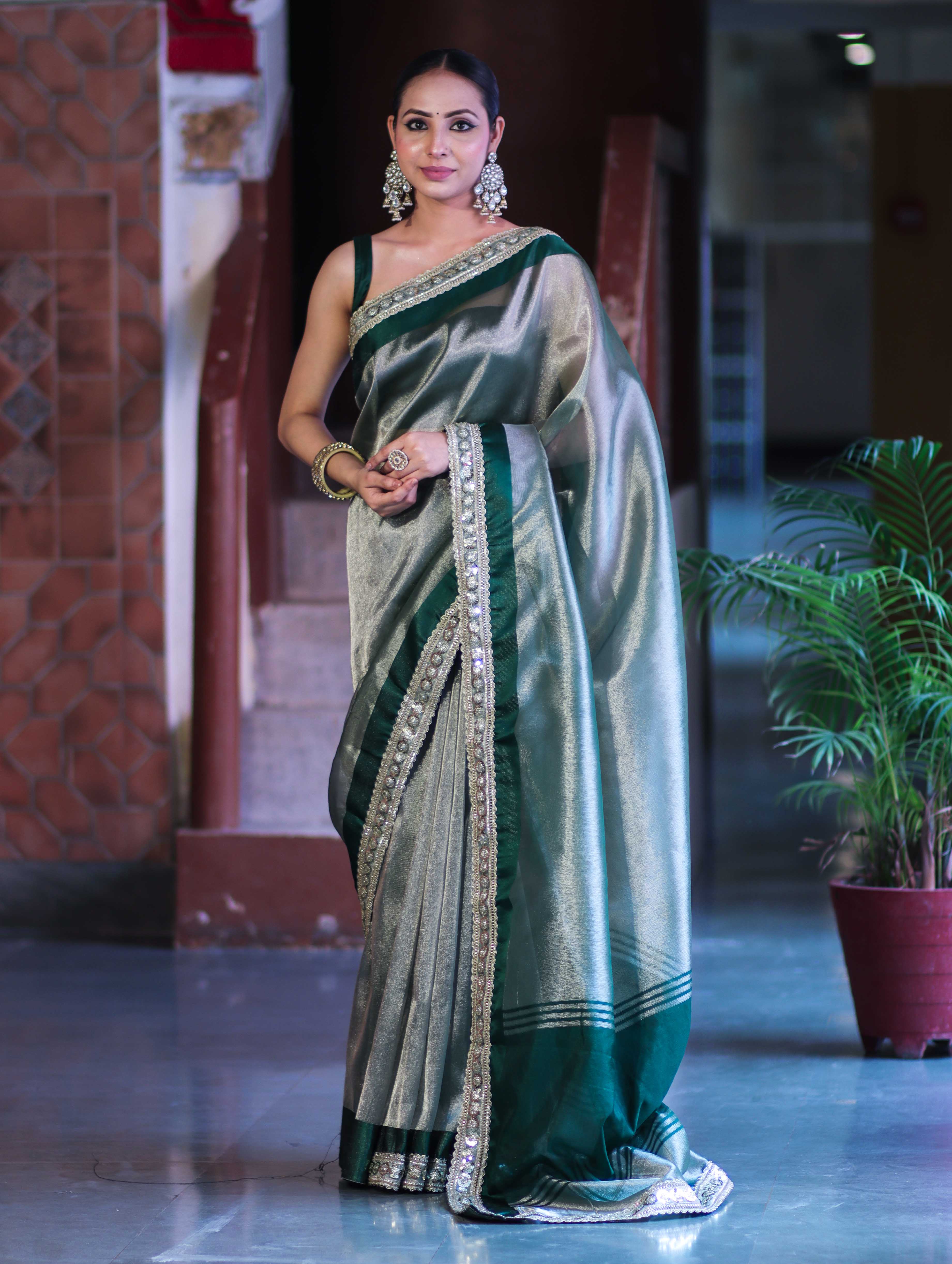 Banarasee Handloom Plain Tissue Saree With Lace Border-Green