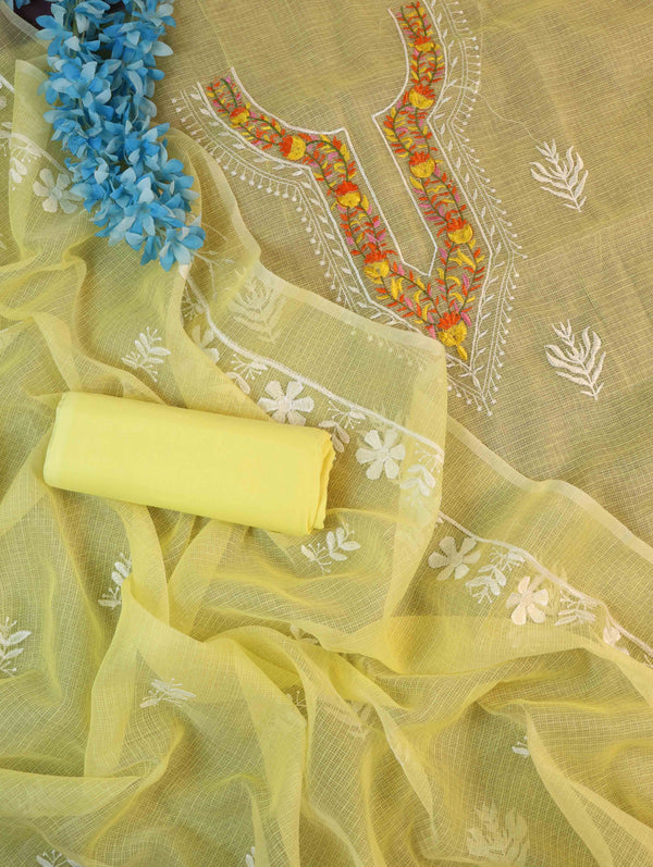 Banarasee Kota Doria Hand-Embroidered Salwar Kameez Dupatta Set-Yellow