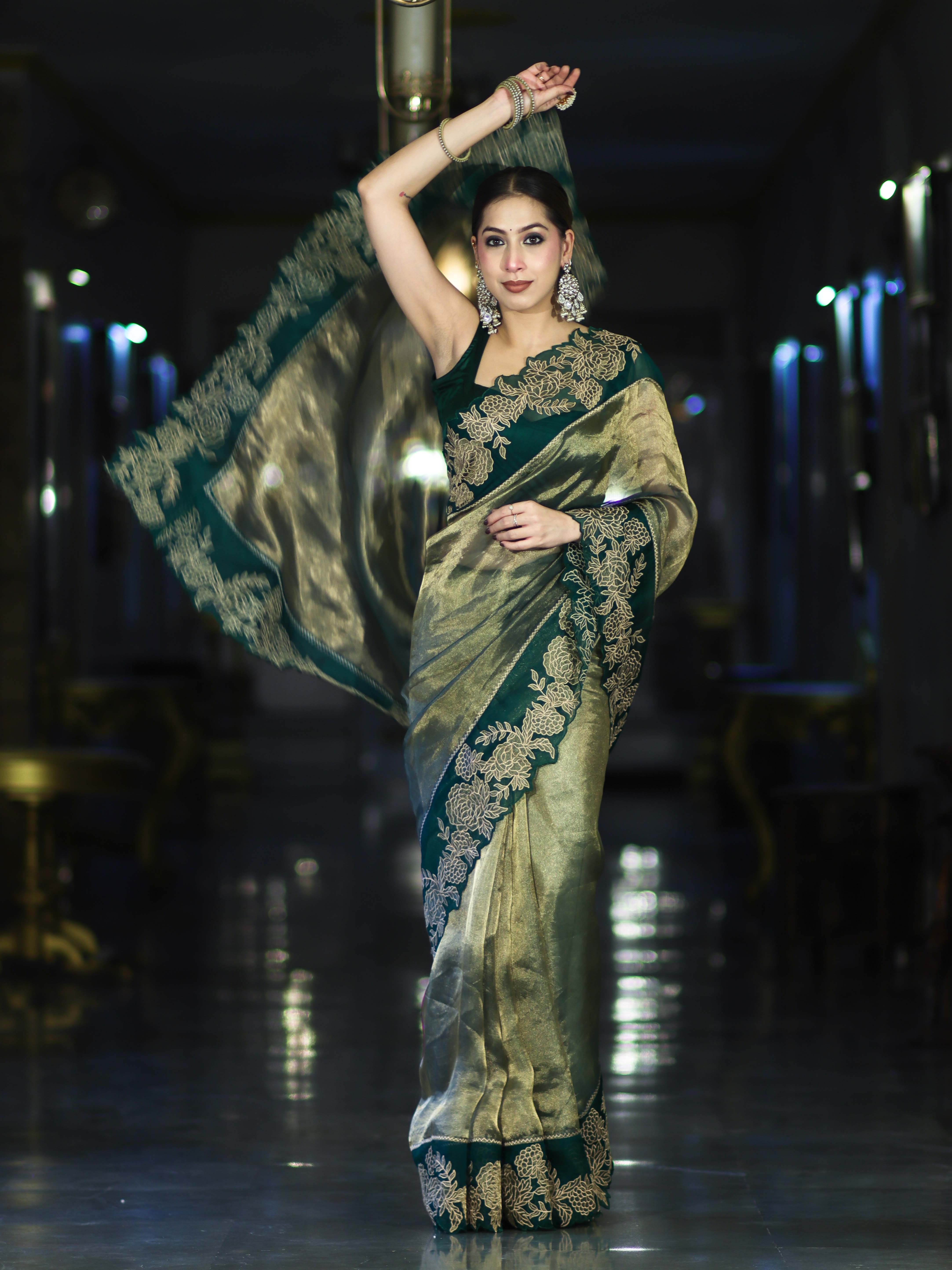 Banarasee Pure Tissue Silk Saree With Applique Cutwork Floral Embroidery Border-Green (Gold Tone)
