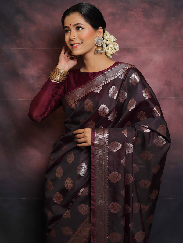 Banarasee Handwoven Semi Silk Saree With Buta Design-Brown