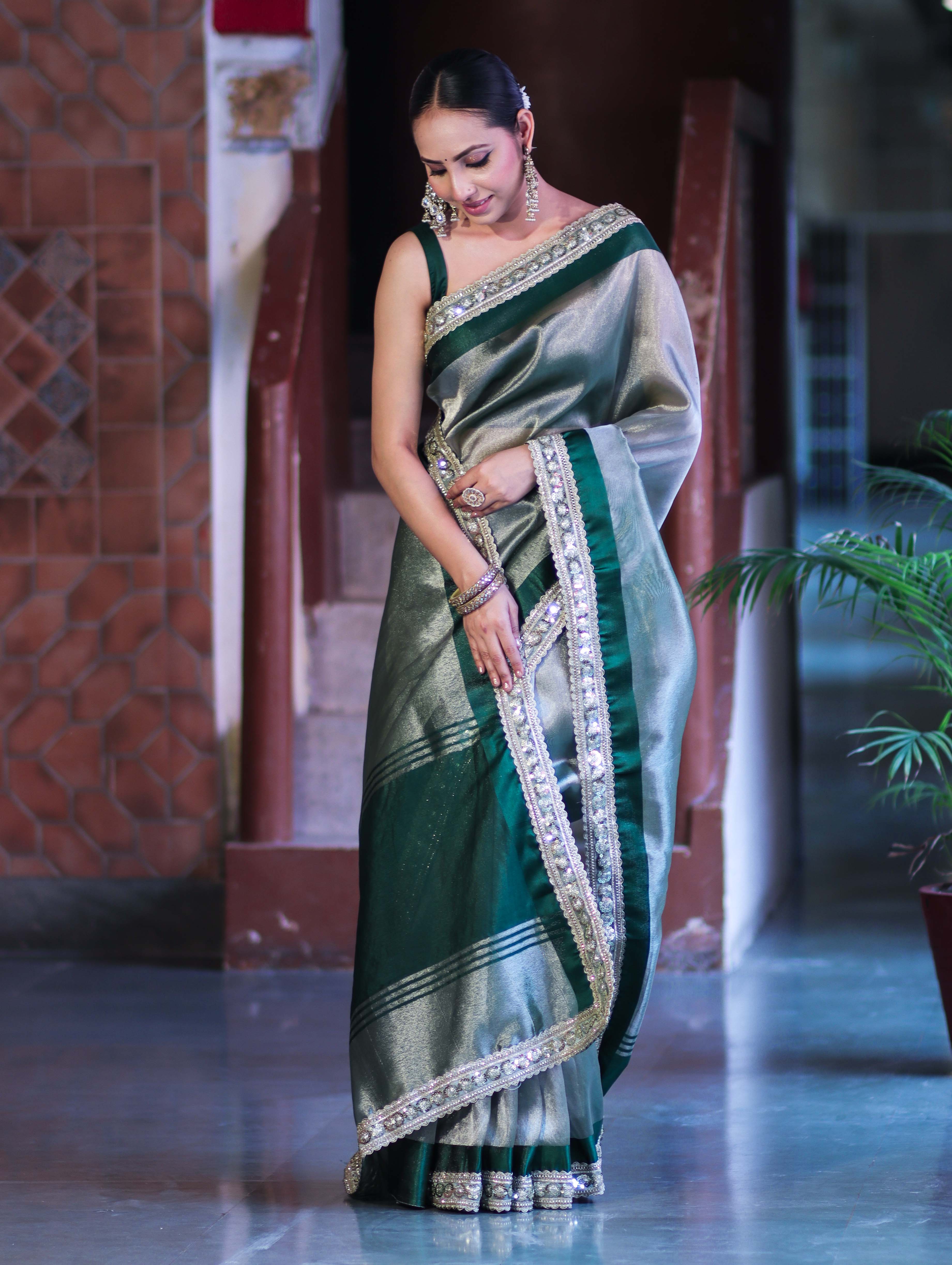 Banarasee Handloom Plain Tissue Saree With Lace Border-Green
