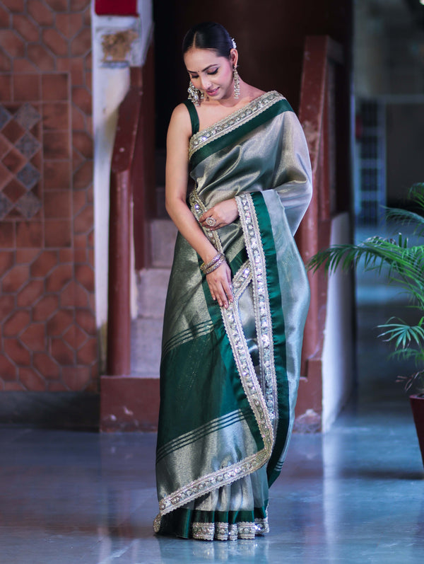 Banarasee Handloom Plain Tissue Saree With Lace Border-Green