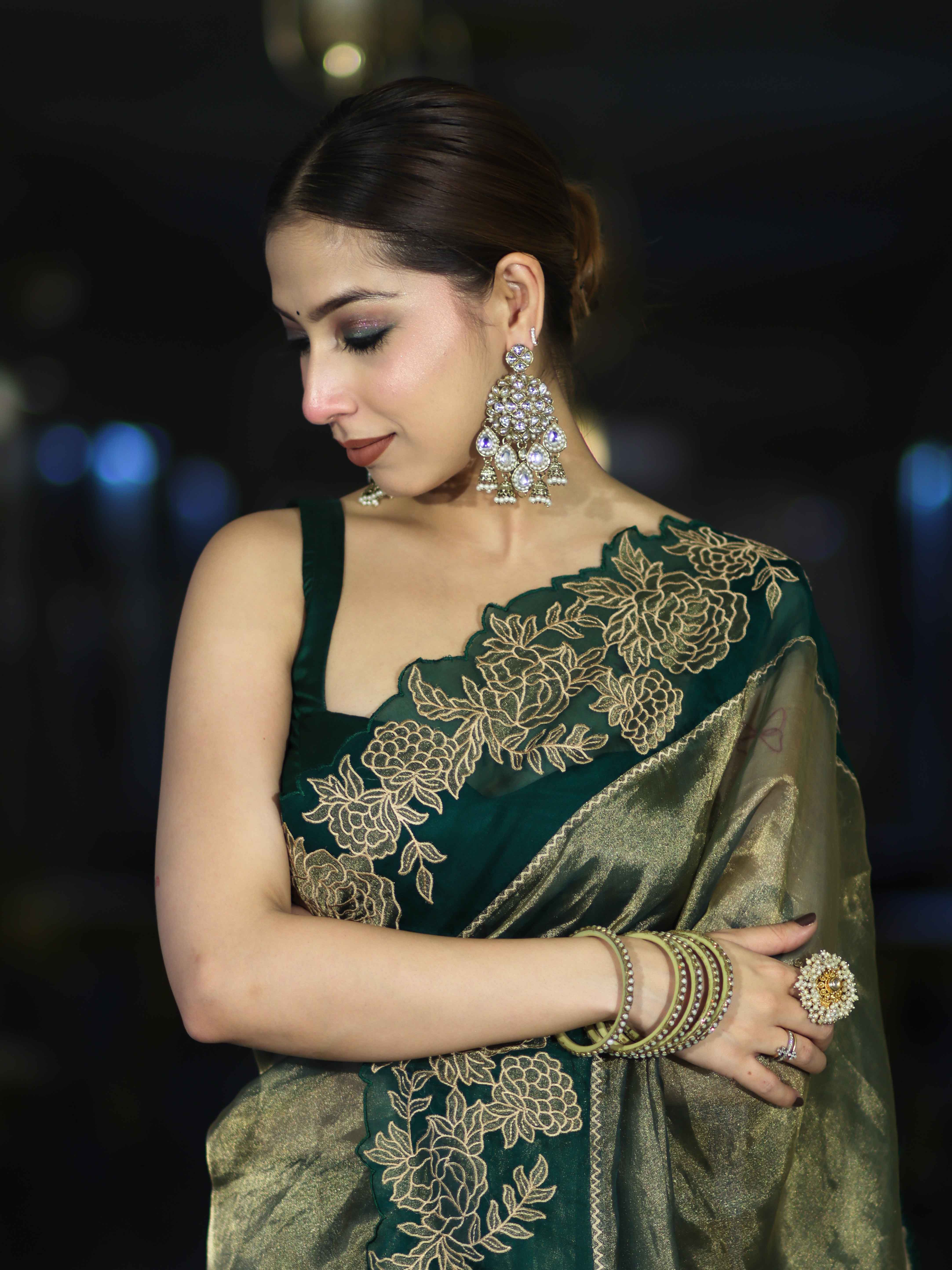 Banarasee Pure Tissue Silk Saree With Applique Cutwork Floral Embroidery Border-Green (Gold Tone)