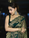 Banarasee Pure Tissue Silk Saree With Applique Cutwork Floral Embroidery Border-Green (Gold Tone)
