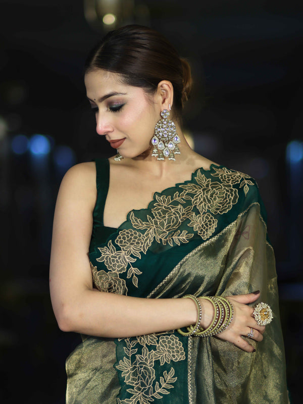 Banarasee Pure Tissue Silk Saree With Applique Cutwork Floral Embroidery Border-Green (Gold Tone)