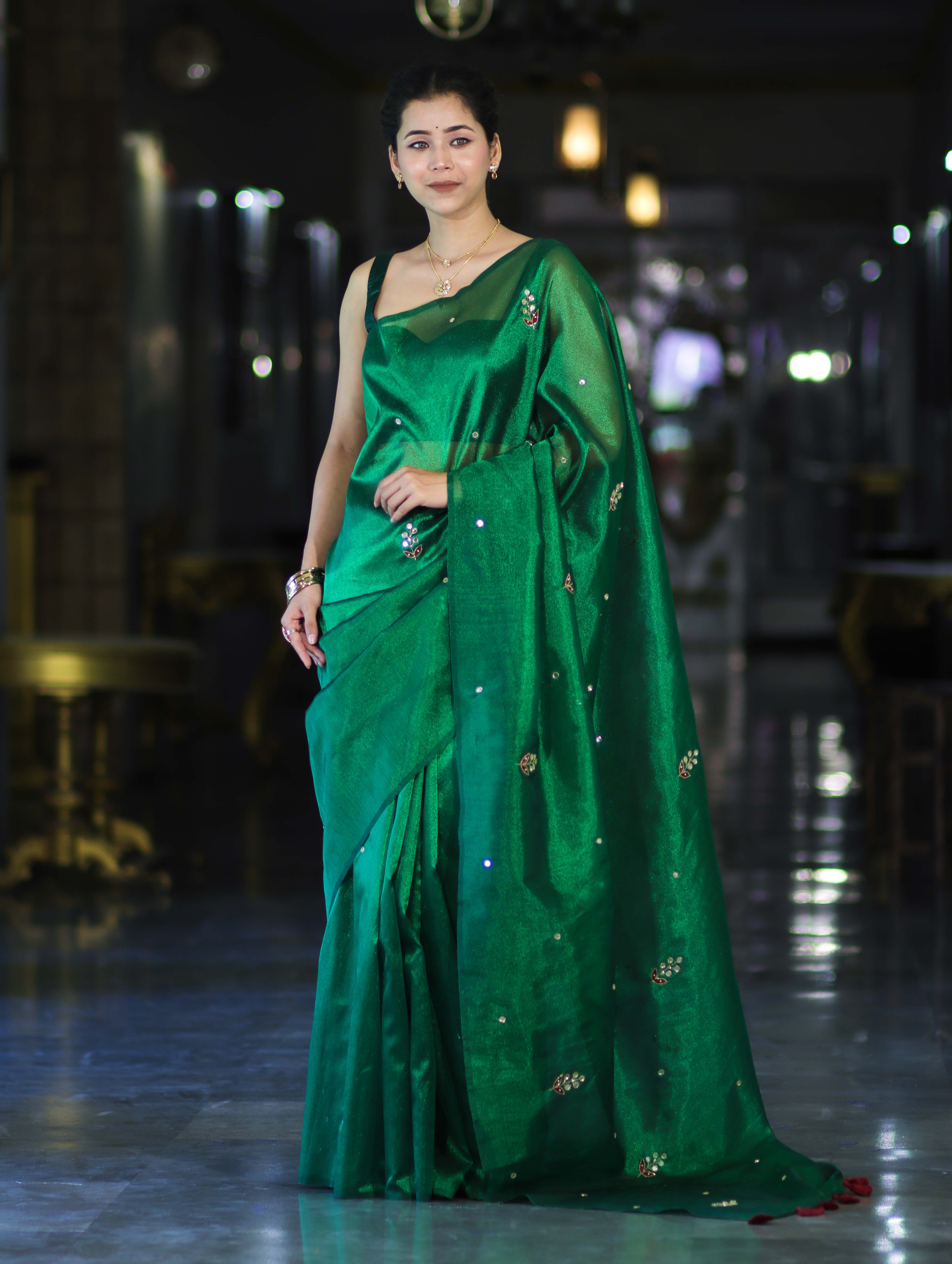 Banarasee Handwoven Tissue Saree With Floral Motifs & Mirror Work-Green