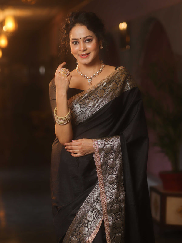 Banarasee Handwoven Semi Silk Saree With Silver Zari Border & Lace-Black