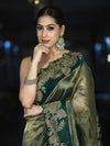 Banarasee Pure Tissue Silk Saree With Applique Cutwork Floral Embroidery Border-Green (Gold Tone)