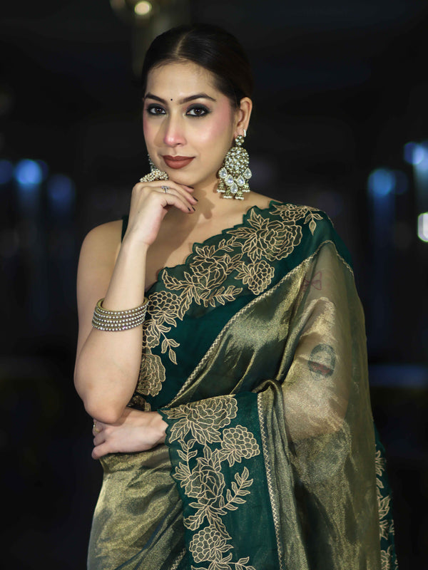 Banarasee Pure Tissue Silk Saree With Applique Cutwork Floral Embroidery Border-Green (Gold Tone)