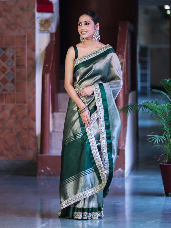 Banarasee Handloom Plain Tissue Saree With Lace Border-Green