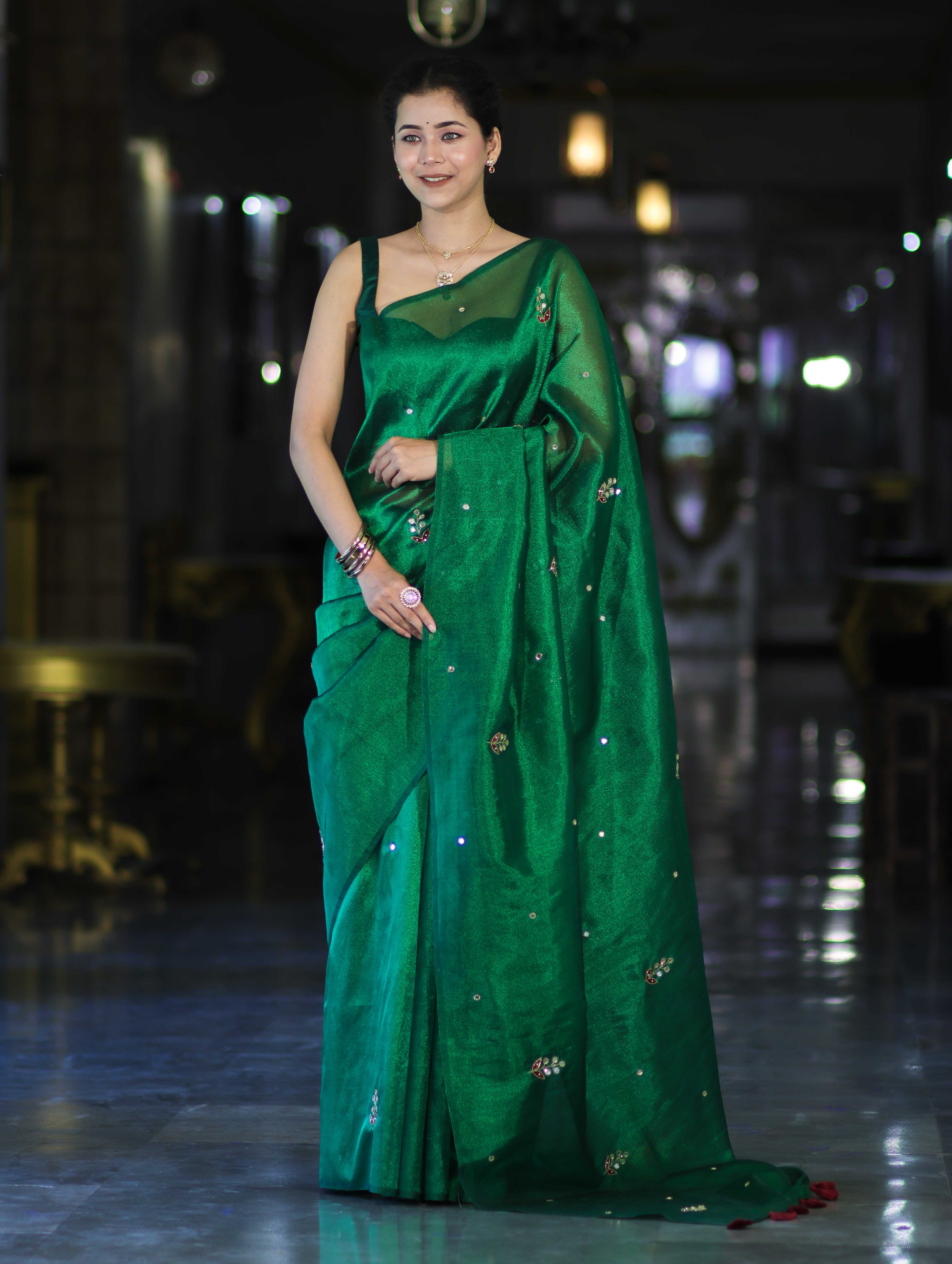 Banarasee Handwoven Tissue Saree With Floral Motifs & Mirror Work-Green