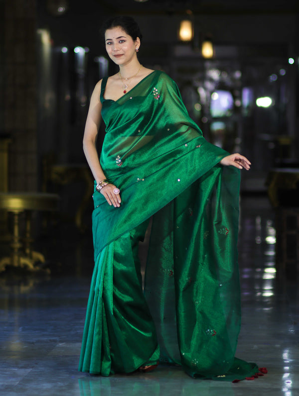 Banarasee Handwoven Tissue Saree With Floral Motifs & Mirror Work-Green