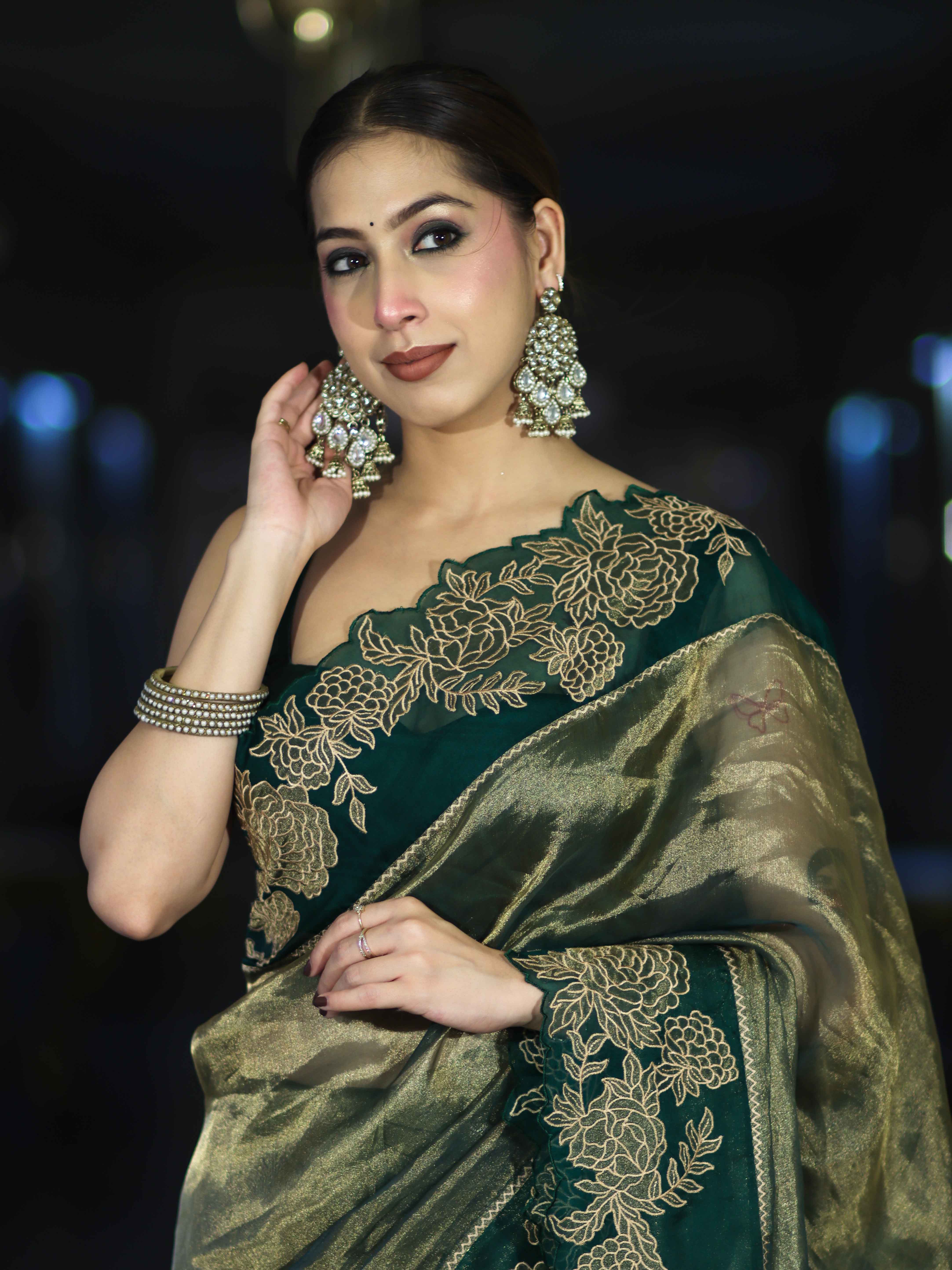 Banarasee Pure Tissue Silk Saree With Applique Cutwork Floral Embroidery Border-Green (Gold Tone)