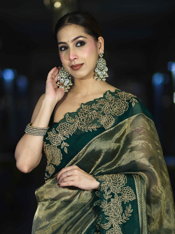 Banarasee Pure Tissue Silk Saree With Applique Cutwork Floral Embroidery Border-Green (Gold Tone)