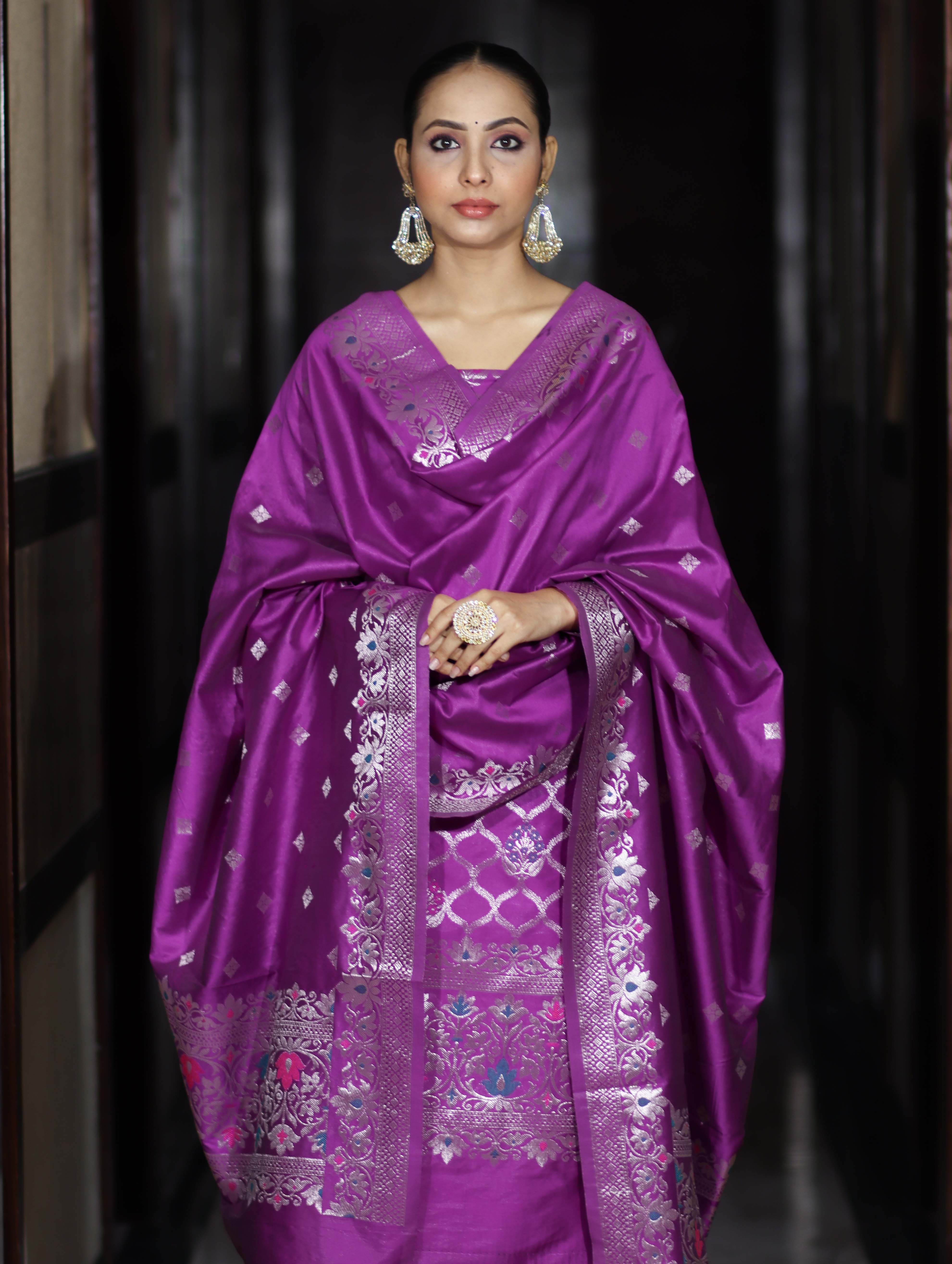 Banarasee Semi-Silk Silver Zari Work Salwar Kameez Fabric With Dupatta Set-Violet