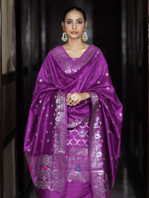 Banarasee Semi-Silk Silver Zari Work Salwar Kameez Fabric With Dupatta Set-Violet
