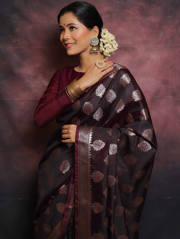 Banarasee Handwoven Semi Silk Saree With Buta Design-Brown