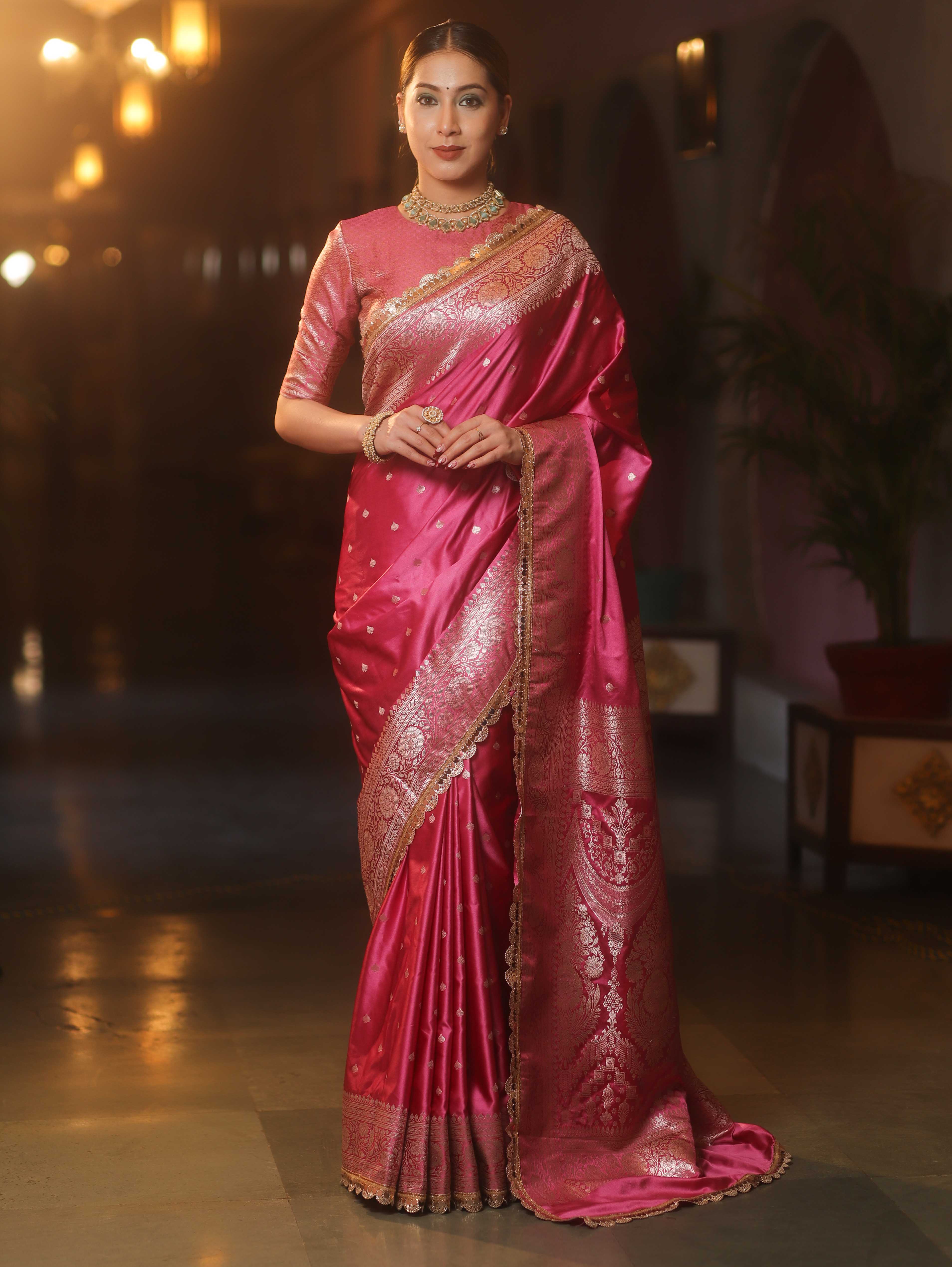 Banarasee Handloom Mashru Silk Saree Zari Border With Lace-Pink