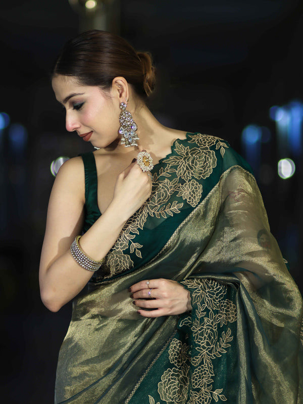 Banarasee Pure Tissue Silk Saree With Applique Cutwork Floral Embroidery Border-Green (Gold Tone)