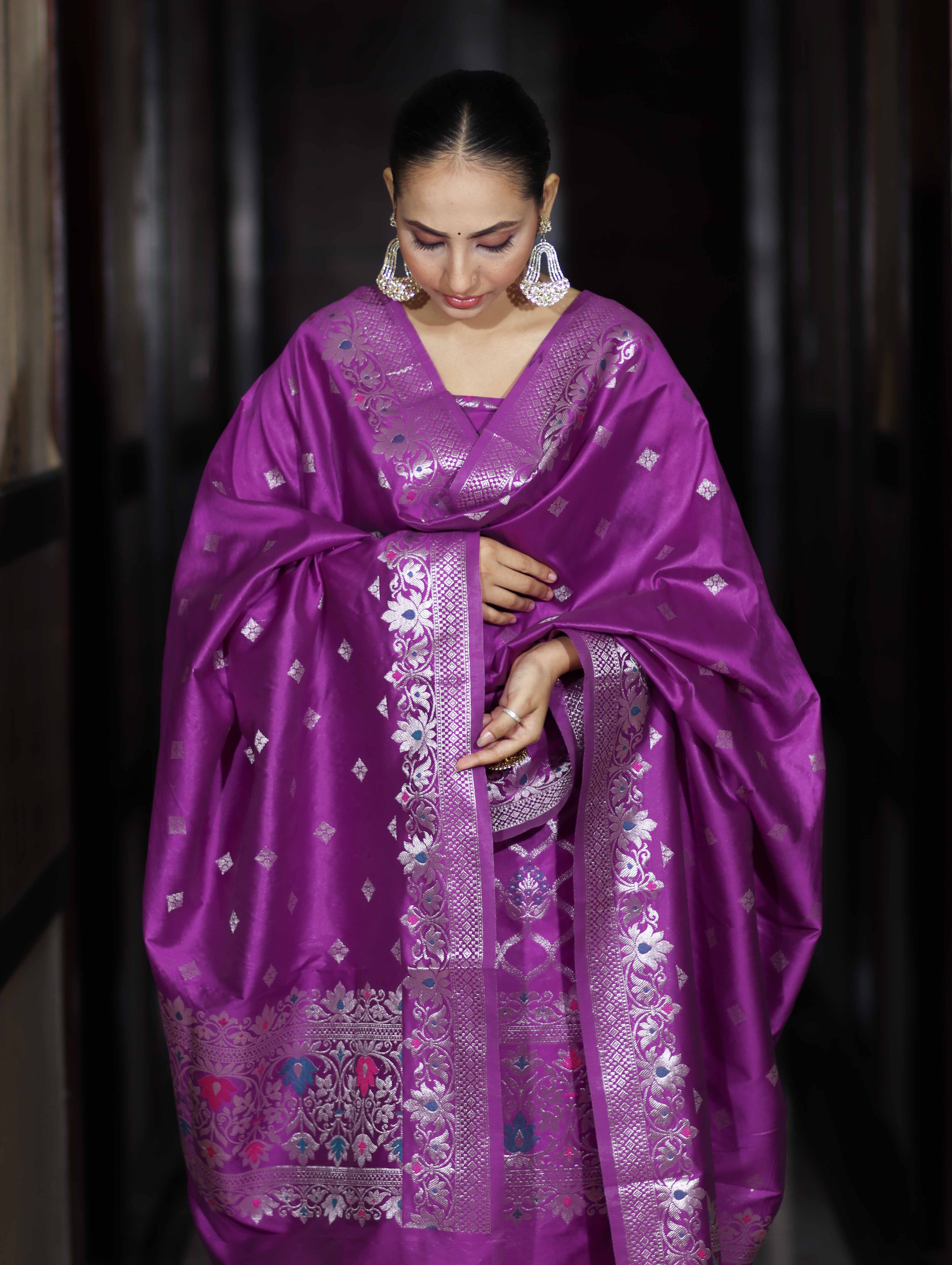 Banarasee Semi-Silk Silver Zari Work Salwar Kameez Fabric With Dupatta Set-Violet