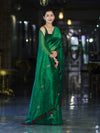 Banarasee Handwoven Tissue Saree With Floral Motifs & Mirror Work-Green