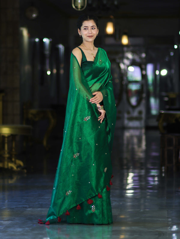 Banarasee Handwoven Tissue Saree With Floral Motifs & Mirror Work-Green