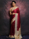 Banarasee Handwoven Semi Silk Plain Saree With Zari Contrast Border-Maroon & White