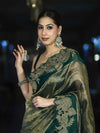 Banarasee Pure Tissue Silk Saree With Applique Cutwork Floral Embroidery Border-Green (Gold Tone)