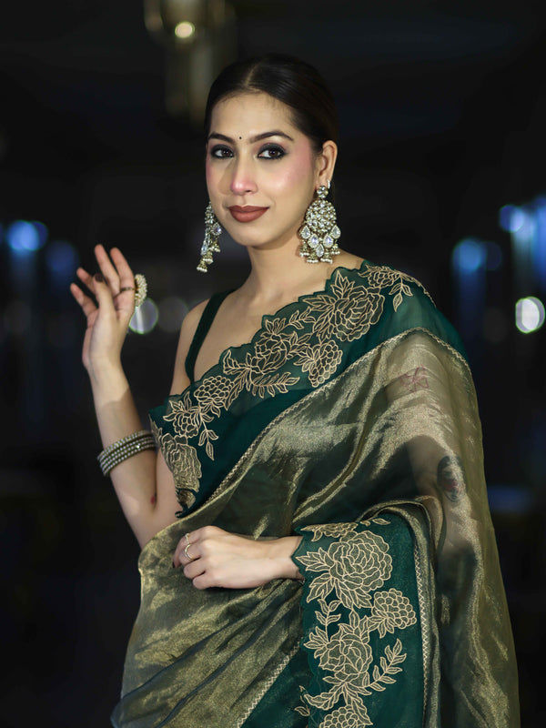 Banarasee Pure Tissue Silk Saree With Applique Cutwork Floral Embroidery Border-Green (Gold Tone)