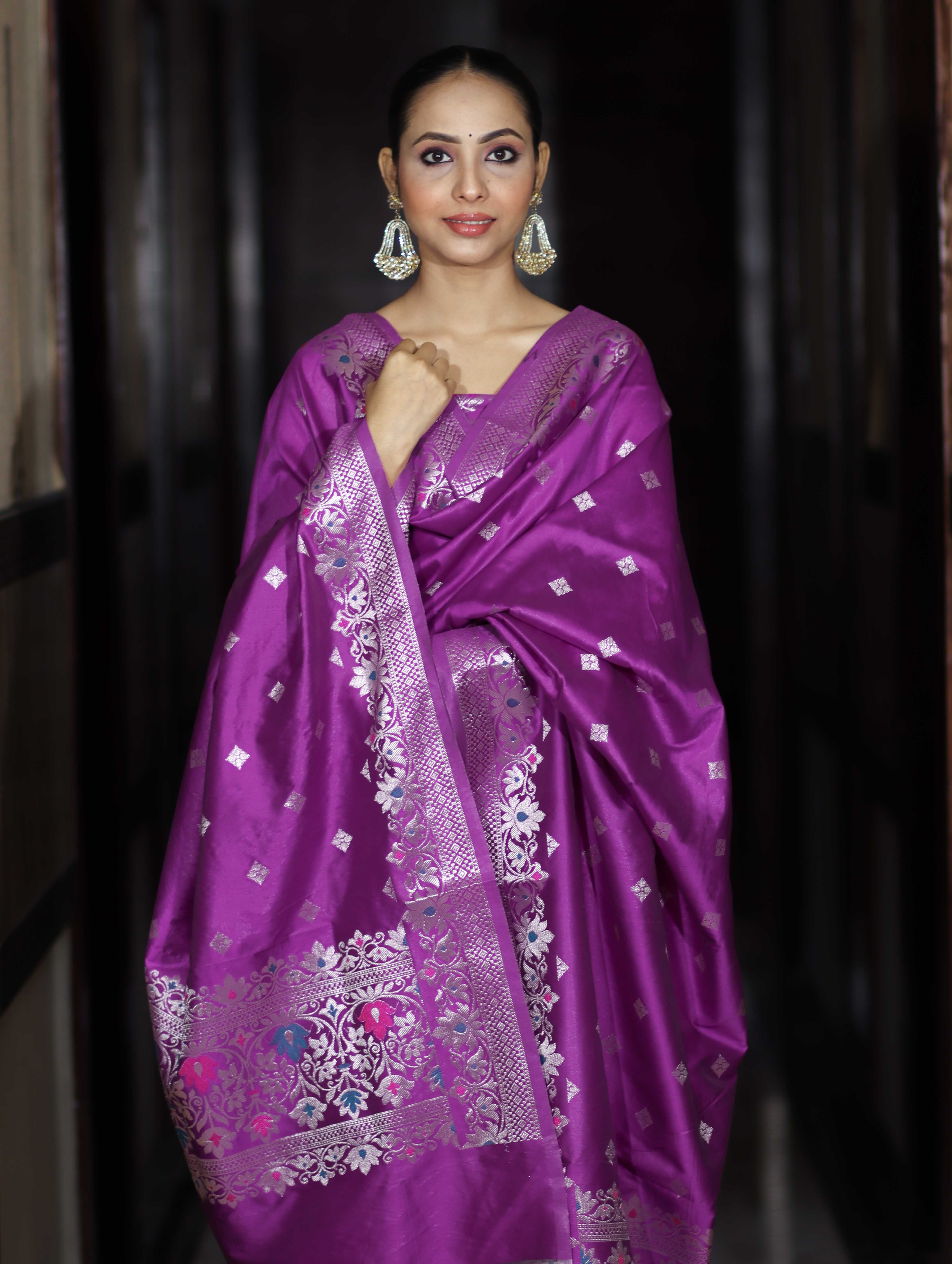 Banarasee Semi-Silk Silver Zari Work Salwar Kameez Fabric With Dupatta Set-Violet