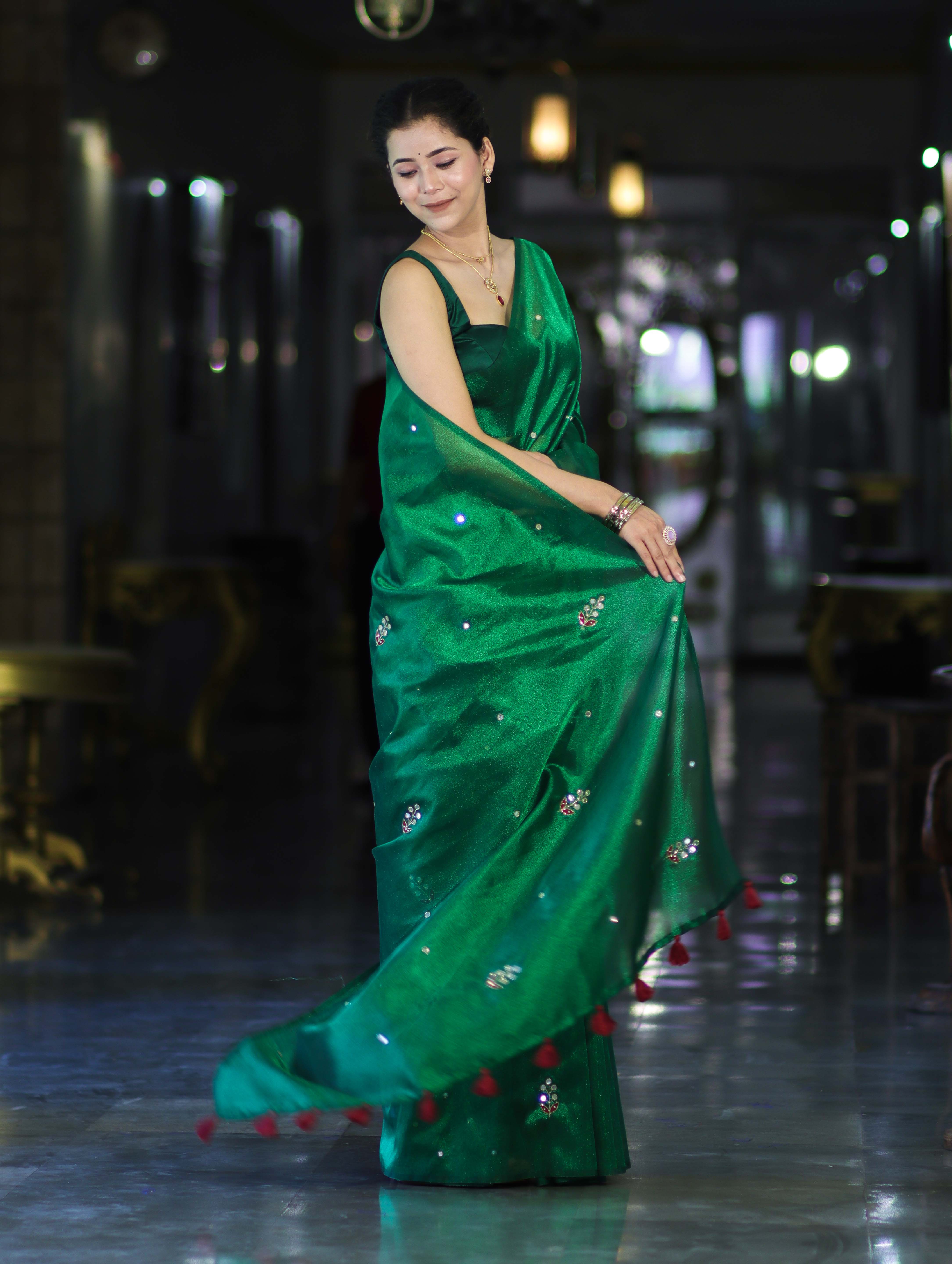 Banarasee Handwoven Tissue Saree With Floral Motifs & Mirror Work-Green