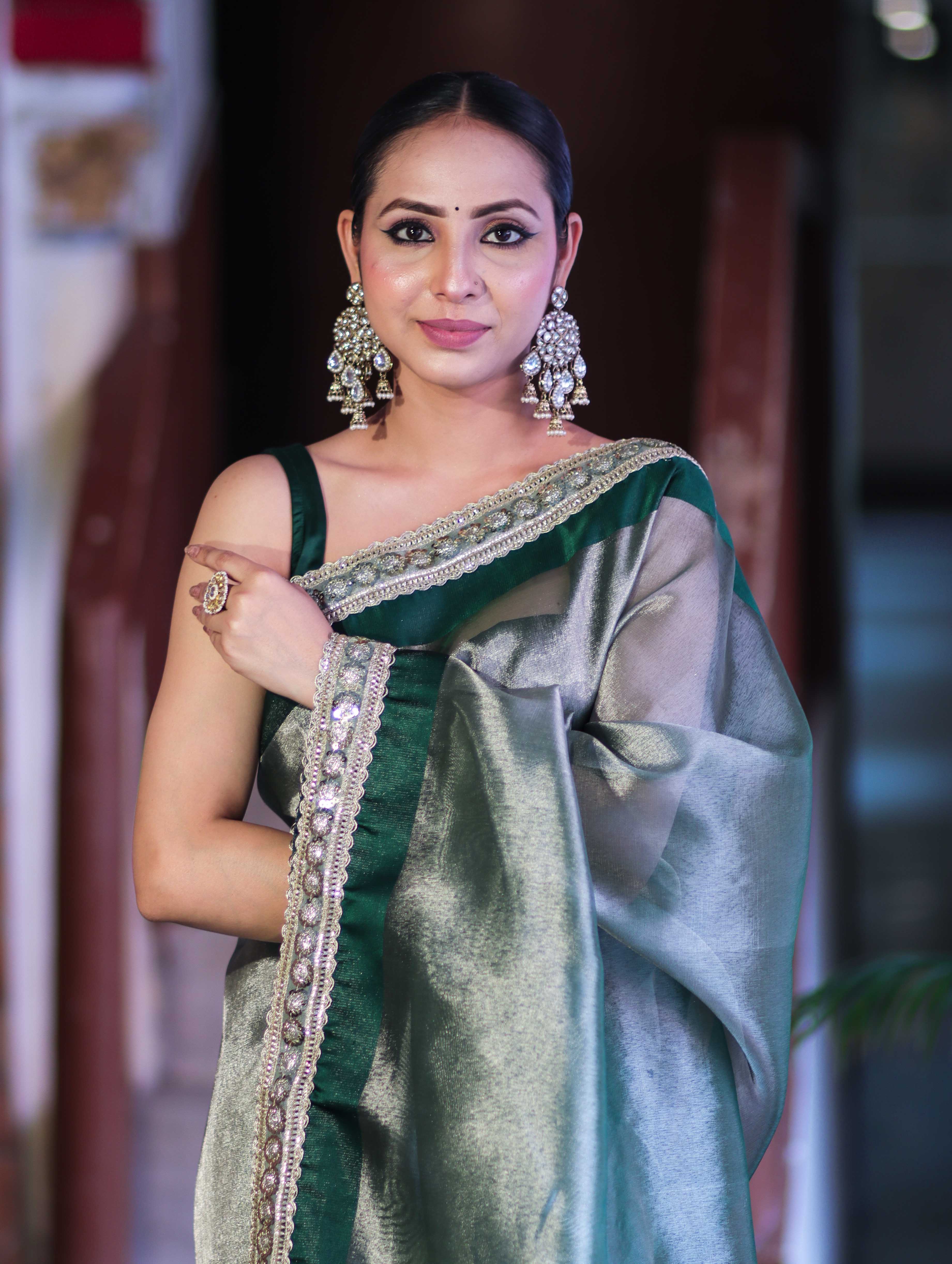 Banarasee Handloom Plain Tissue Saree With Lace Border-Green