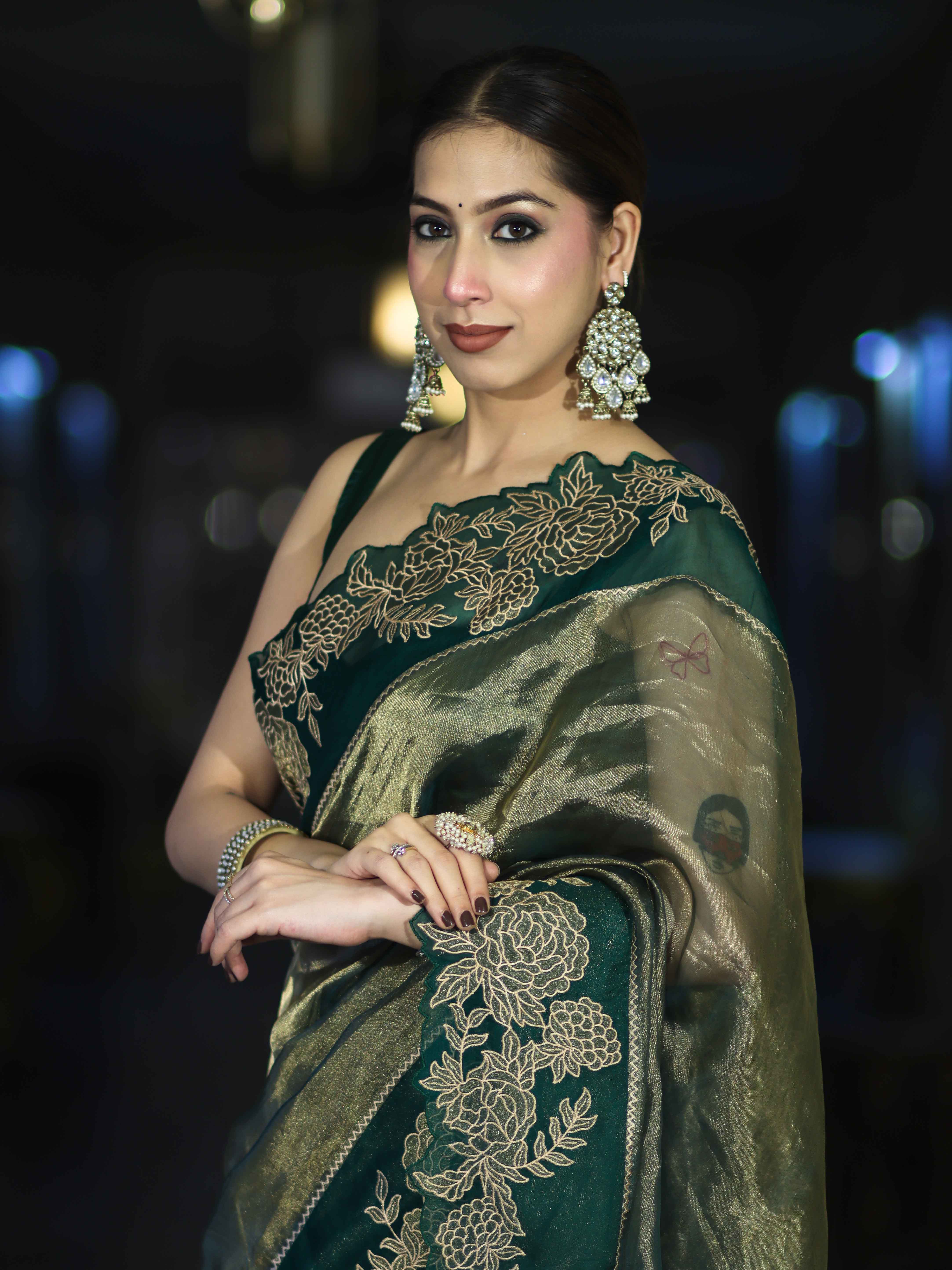 Banarasee Pure Tissue Silk Saree With Applique Cutwork Floral Embroidery Border-Green (Gold Tone)