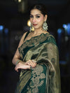 Banarasee Pure Tissue Silk Saree With Applique Cutwork Floral Embroidery Border-Green (Gold Tone)