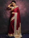 Banarasee Handwoven Semi Silk Plain Saree With Zari Contrast Border-Maroon & White