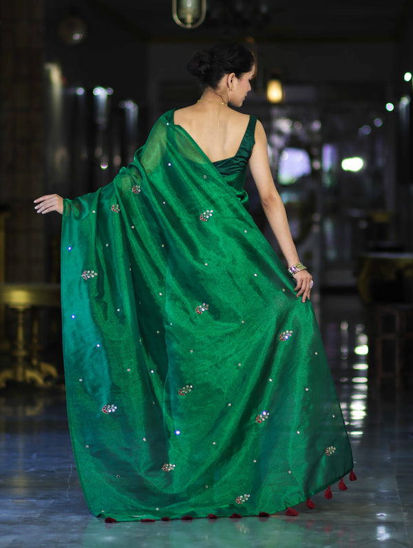 Banarasee Handwoven Tissue Saree With Floral Motifs & Mirror Work-Green