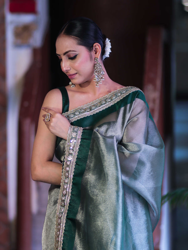 Banarasee Handloom Plain Tissue Saree With Lace Border-Green