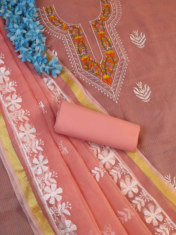 Banarasee Kota Doria Hand-Embroidered Salwar Kameez Dupatta Set-Peach