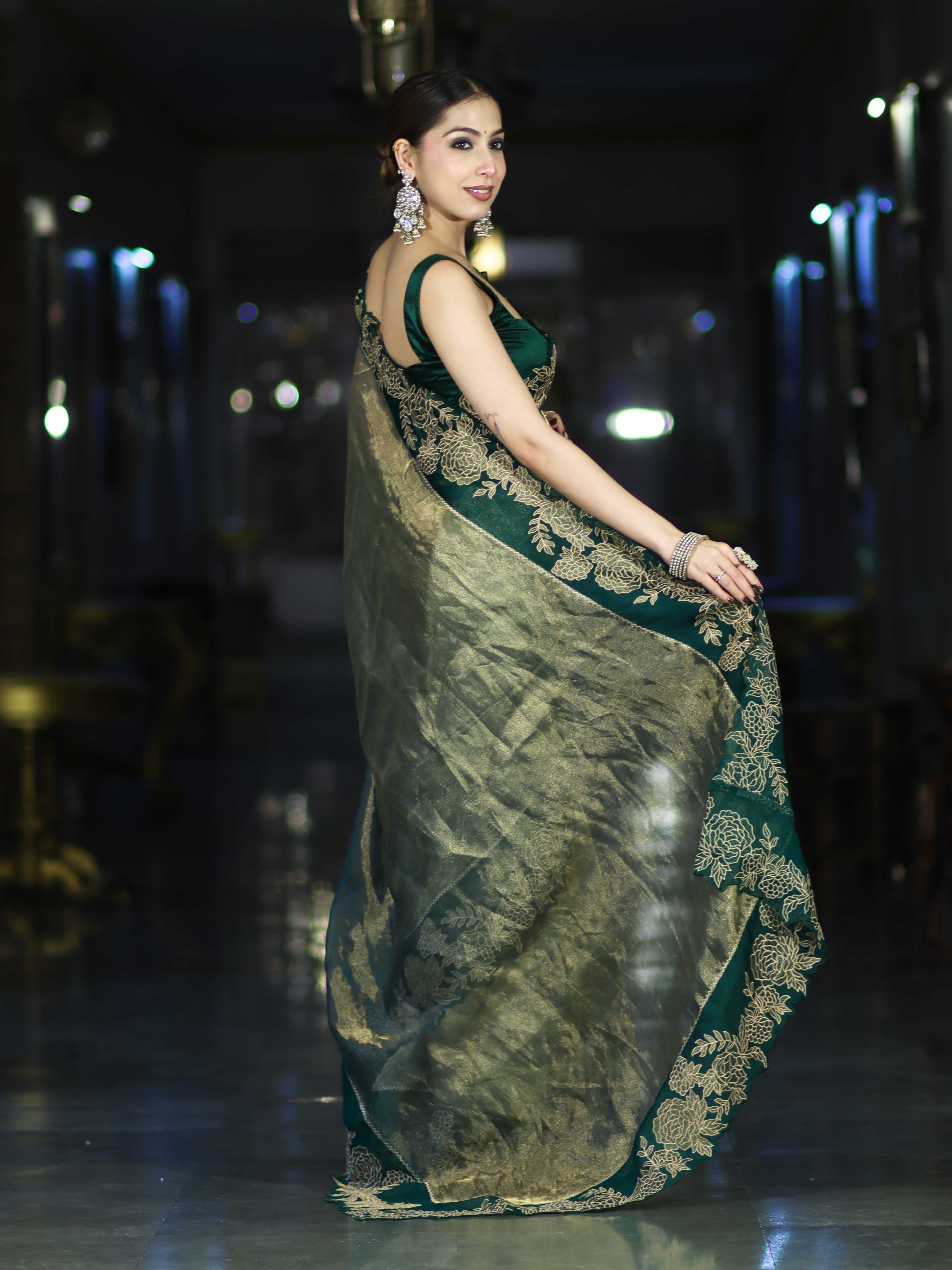 Banarasee Pure Tissue Silk Saree With Applique Cutwork Floral Embroidery Border-Green (Gold Tone)